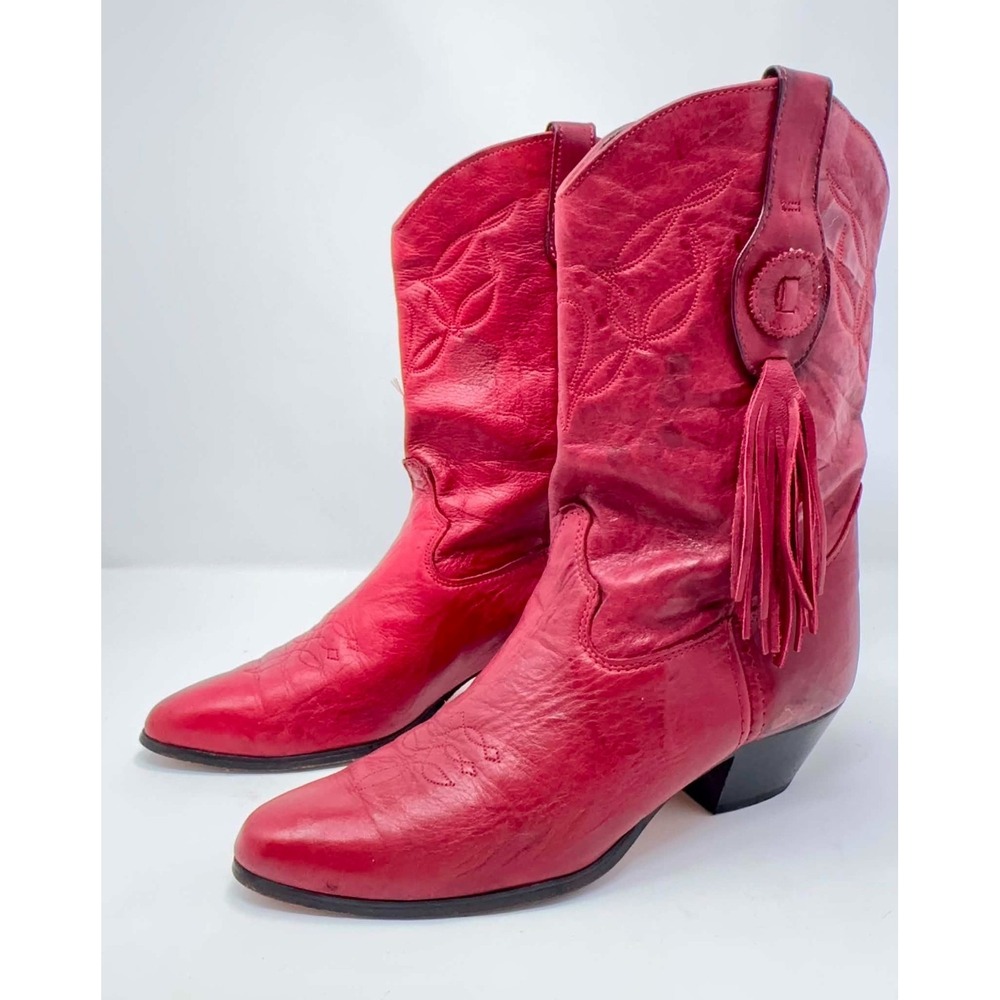 Vintage 80s Laredo Red Leather Cowboy Western Boots Women's 9M Tassel Concho USA